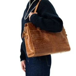 Manfield Cognac leren shopper met crocoprint^ Shoppers