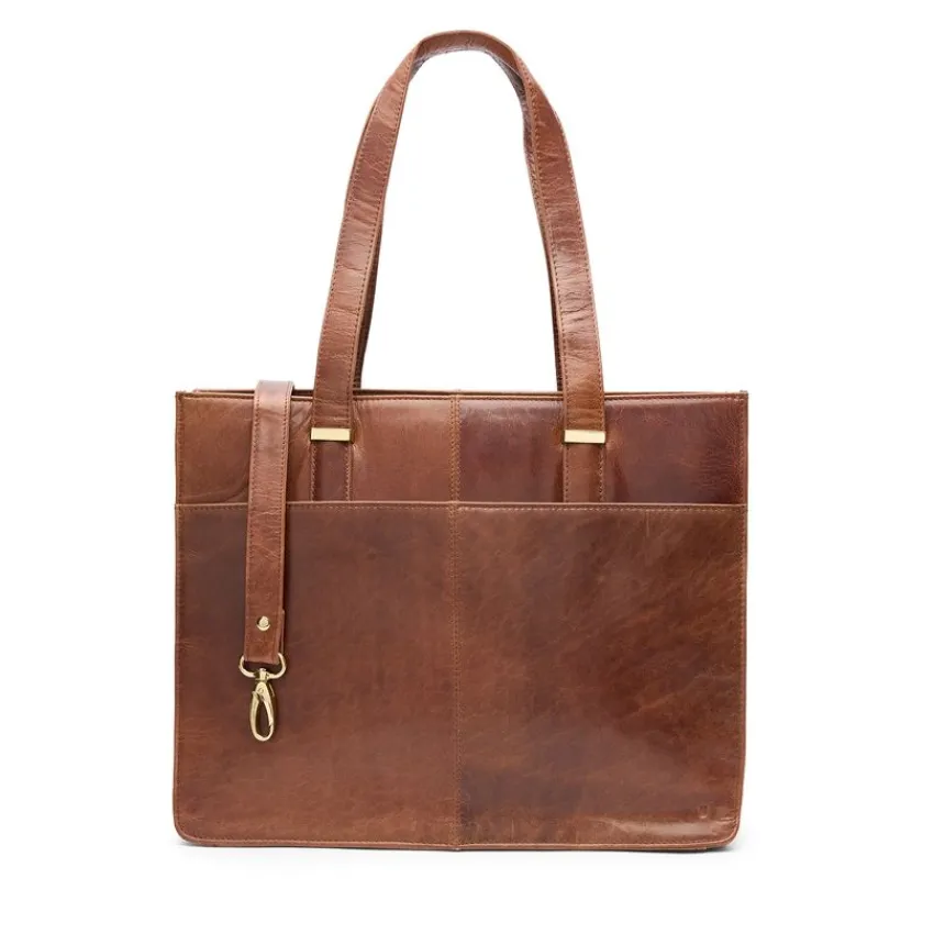 Manfield Cognac leren shopper met laptopvak^ Shoppers