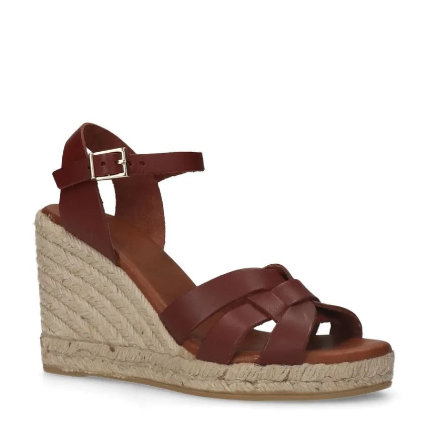 Manfield Cognac leren sleehakken^DAMES Espadrilles|Sandalen