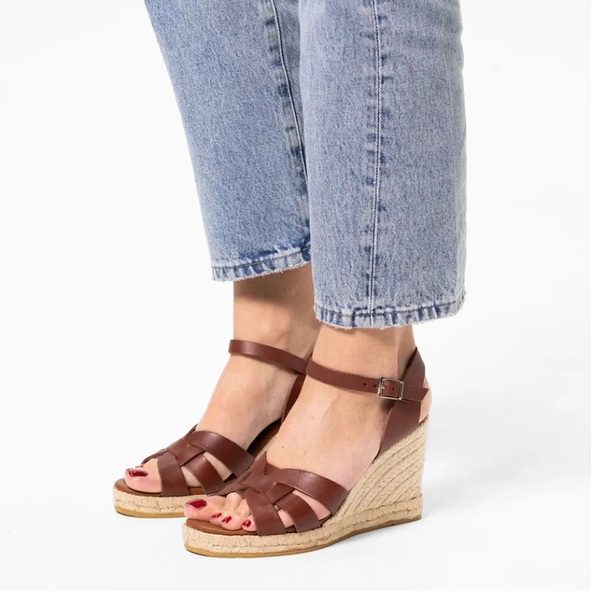 Manfield Cognac leren sleehakken^DAMES Espadrilles|Sandalen