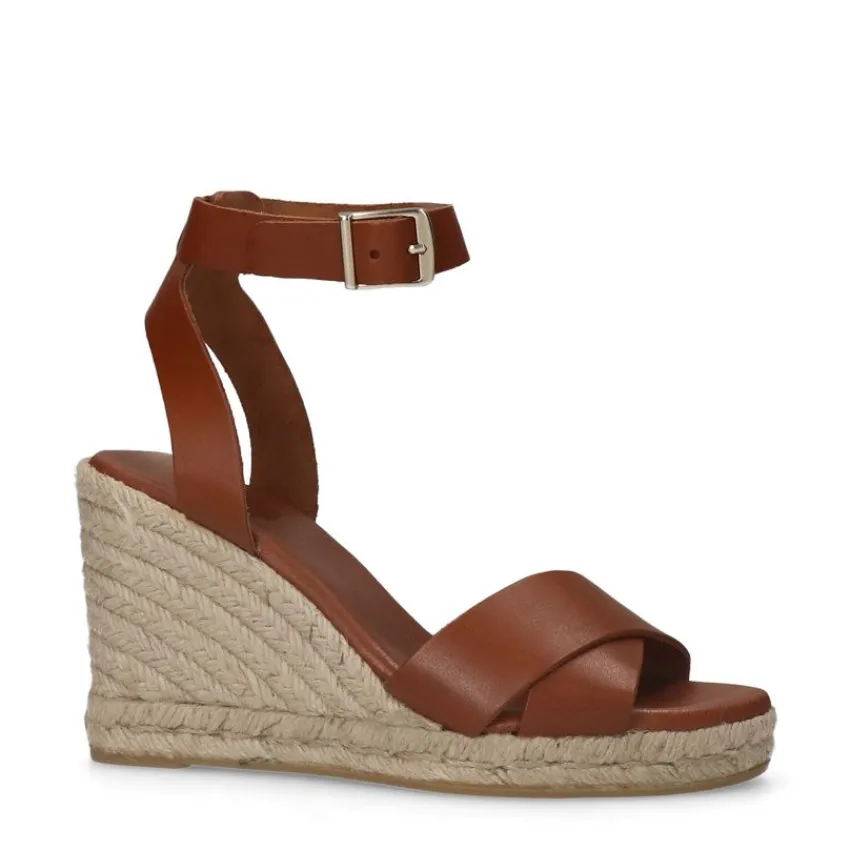 Manfield Cognac leren sleehakken^DAMES Espadrilles|Sandalen