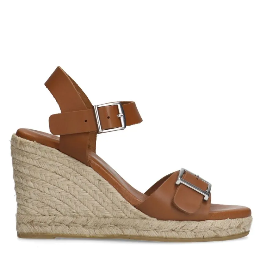 Manfield Cognac leren sleehakken met gesp^DAMES Espadrilles|Sandalen
