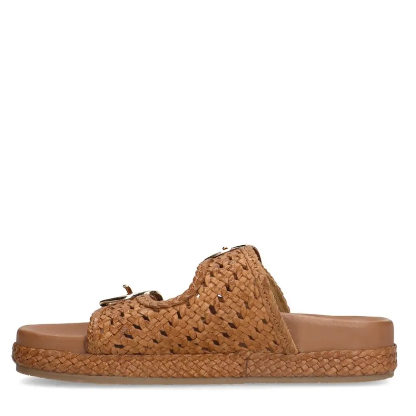 Manfield Cognac leren slippers^DAMES Slippers