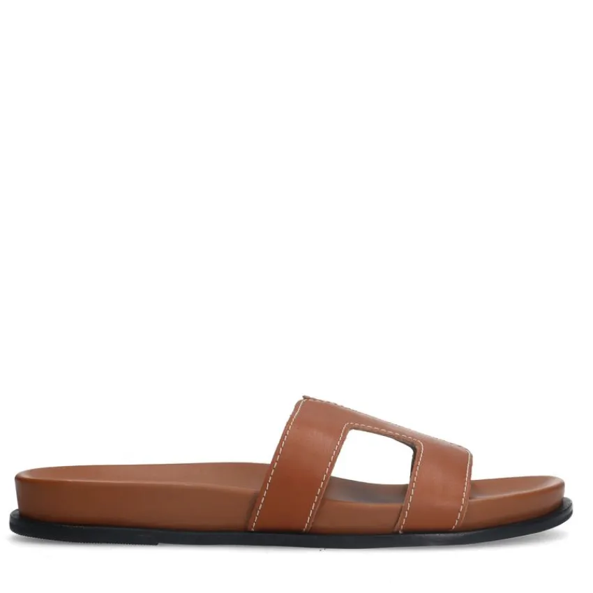 Manfield Cognac leren slippers^DAMES Slippers