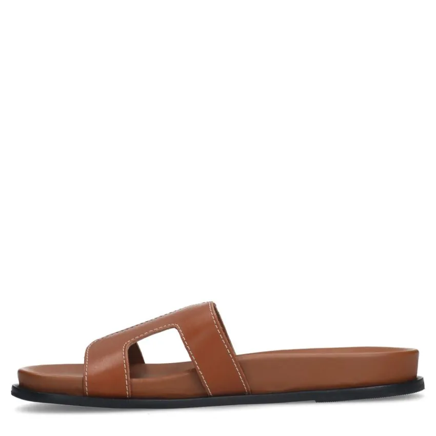 Manfield Cognac leren slippers^DAMES Slippers