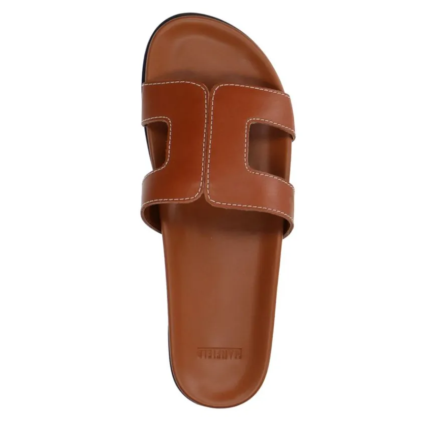 Manfield Cognac leren slippers^DAMES Slippers