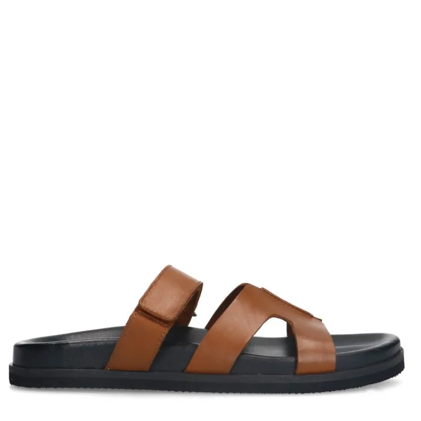 Manfield Cognac leren slippers met bandje^DAMES Slippers