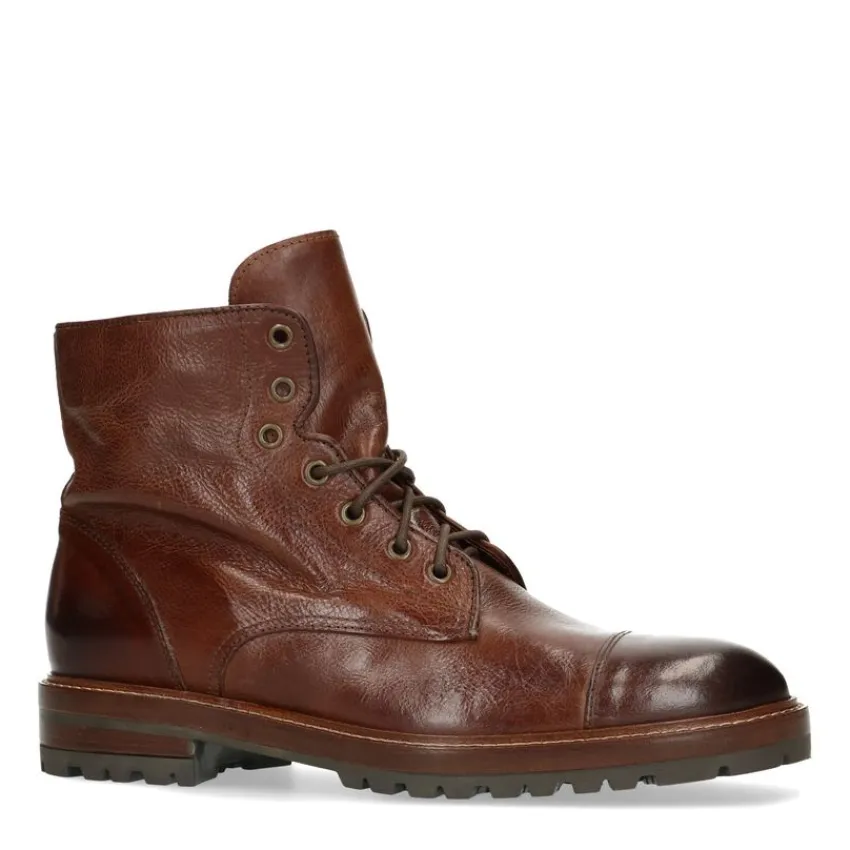 Manfield Cognac leren veterboots^Heren Boots
