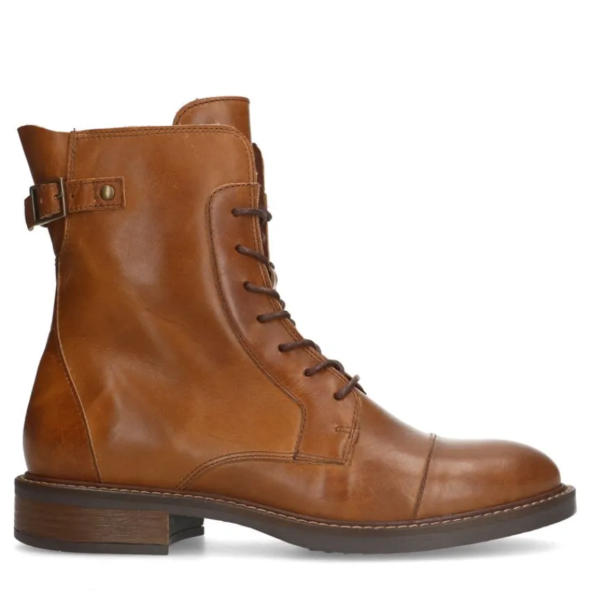 Manfield Cognac leren veterboots^DAMES Enkellaarsjes