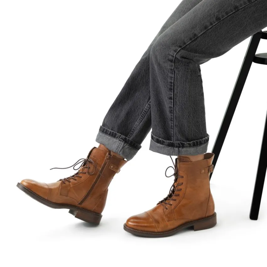Manfield Cognac leren veterboots^DAMES Enkellaarsjes
