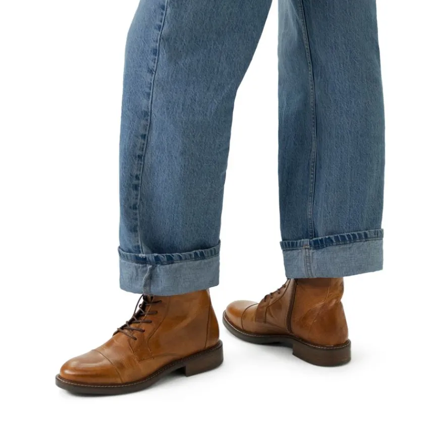 Manfield Cognac leren veterboots^DAMES Enkellaarsjes