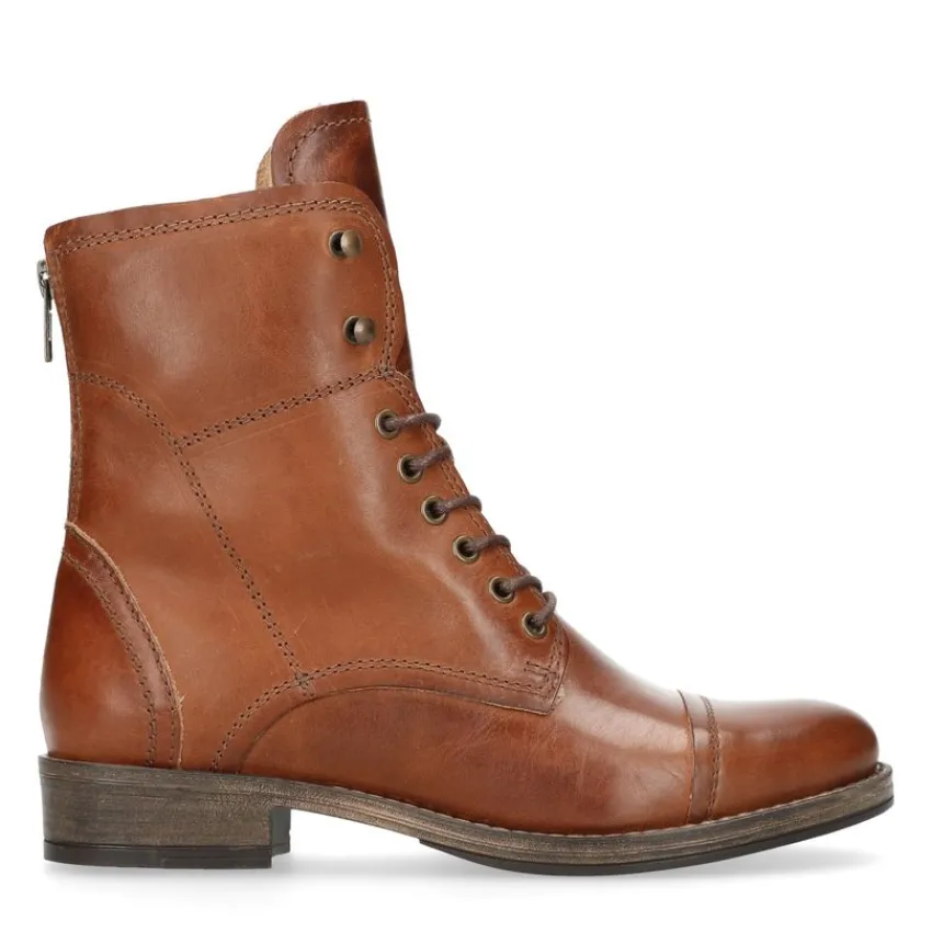 Manfield Cognac leren veterlaarzen met bont voering^DAMES Enkellaarsjes