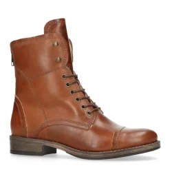 Manfield Cognac leren veterlaarzen met bont voering^DAMES Enkellaarsjes