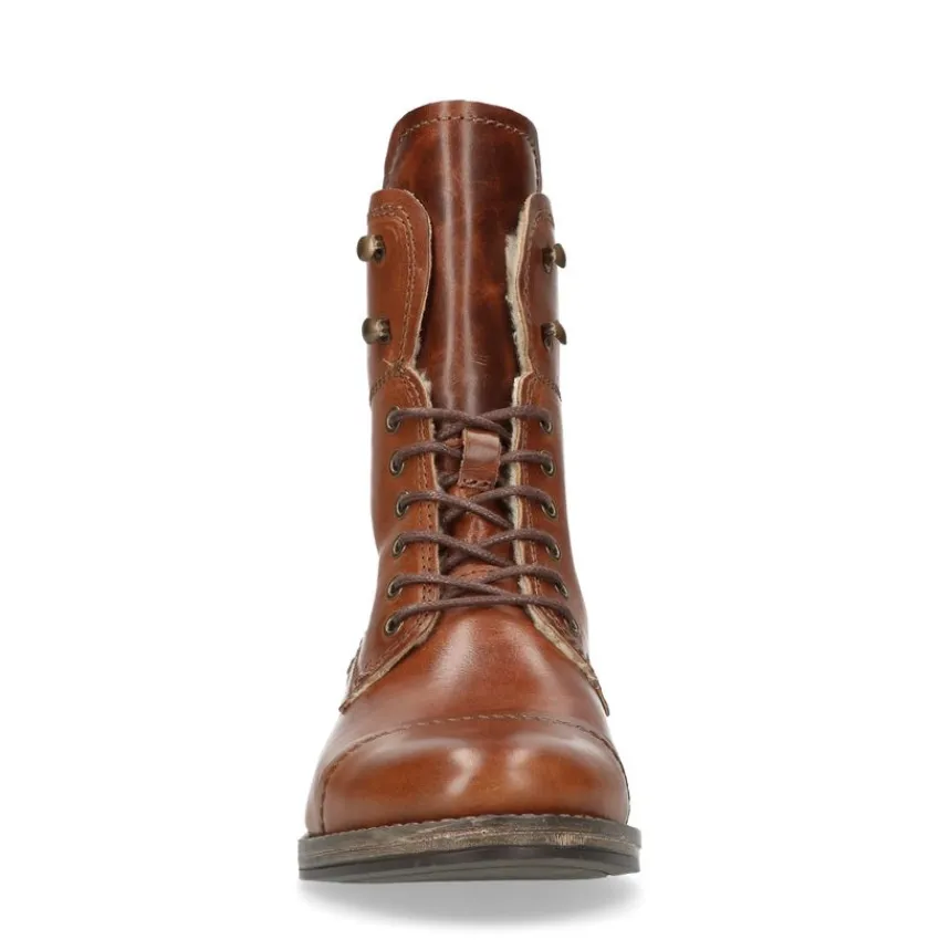 Manfield Cognac leren veterlaarzen met bont voering^DAMES Enkellaarsjes