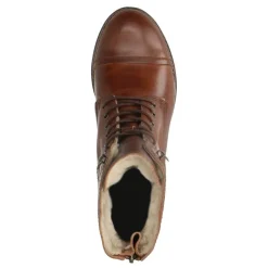 Manfield Cognac leren veterlaarzen met bont voering^DAMES Enkellaarsjes