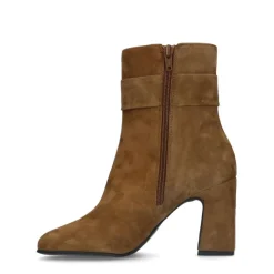 Manfield Cognac suède enkellaarsjes met gesp^DAMES Enkellaarsjes