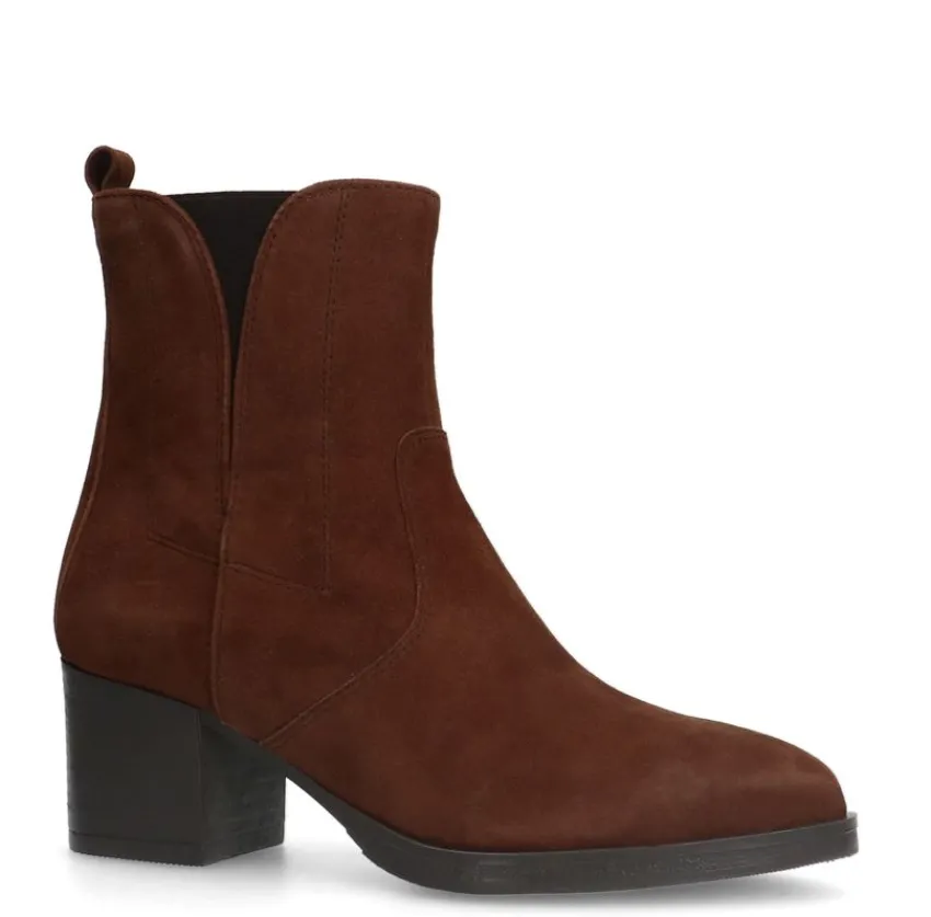 No Stress Cognac suède enkellaarsjes met hak^DAMES Enkellaarsjes