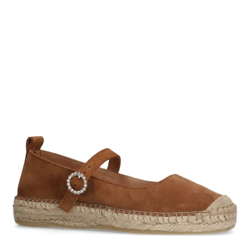 Manfield Cognac suède espadrilles met gesp^DAMES Espadrilles|Loafers