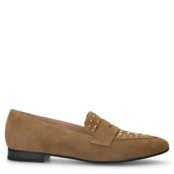 Manfield Cognac suède loafers met gouden studs^DAMES Loafers