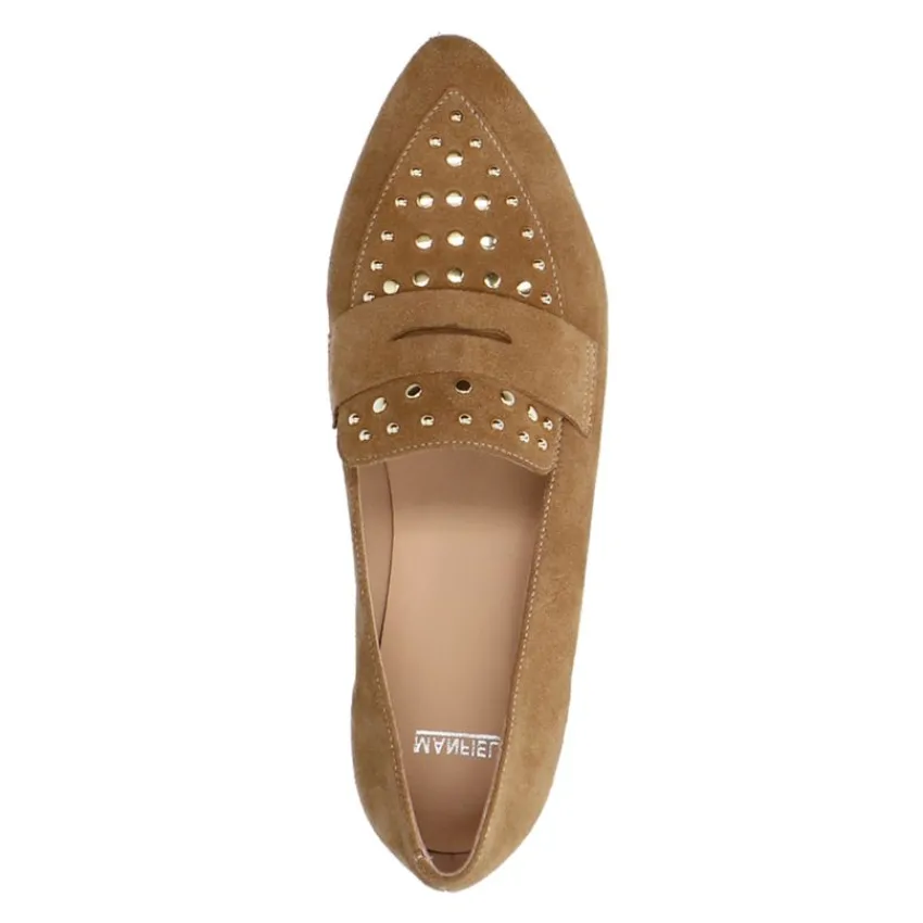 Manfield Cognac suède loafers met gouden studs^DAMES Loafers