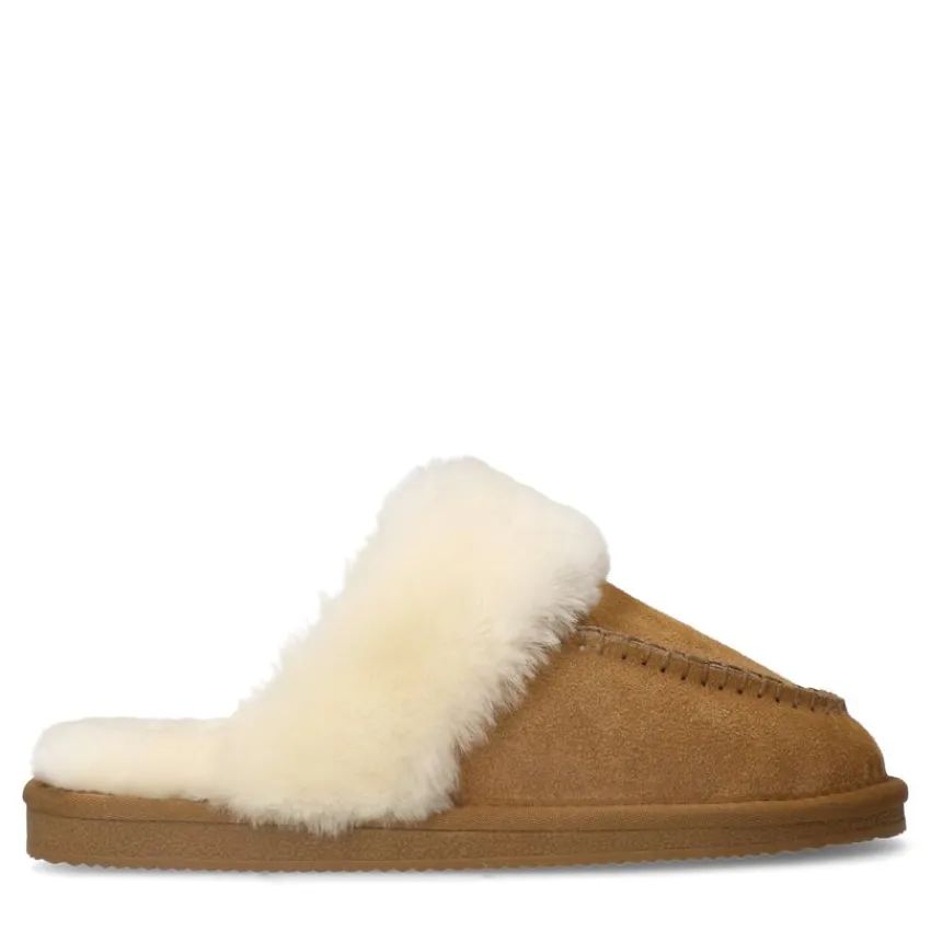 Manfield Cognac suède pantoffels^DAMES Pantoffels