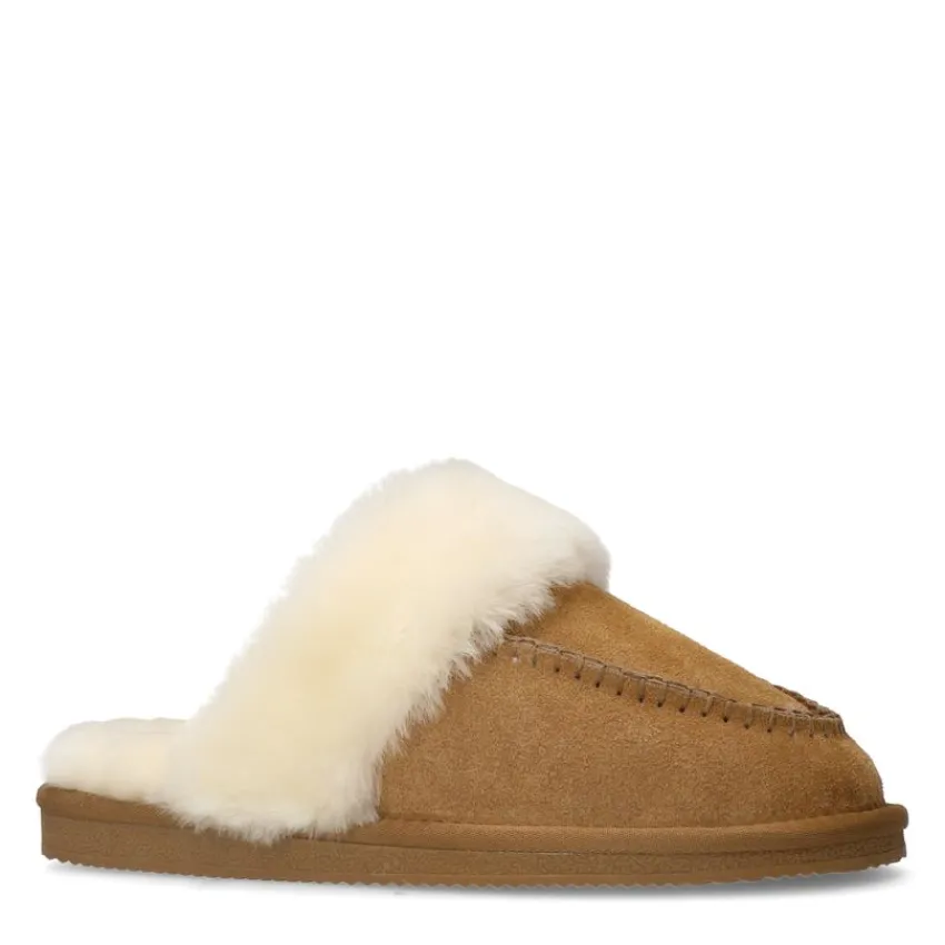 Manfield Cognac suède pantoffels^DAMES Pantoffels