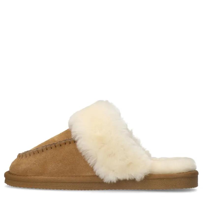 Manfield Cognac suède pantoffels^DAMES Pantoffels