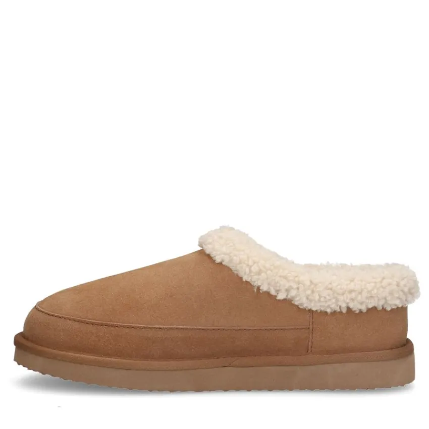 Manfield Cognac suède pantoffels met imitatie wol^Heren Pantoffels