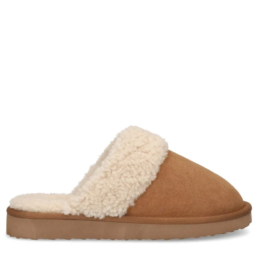 Manfield Cognac suède pantoffels met imitatiewol^DAMES Pantoffels