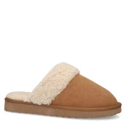 Manfield Cognac suède pantoffels met imitatiewol^DAMES Pantoffels