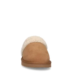 Manfield Cognac suède pantoffels met imitatiewol^DAMES Pantoffels