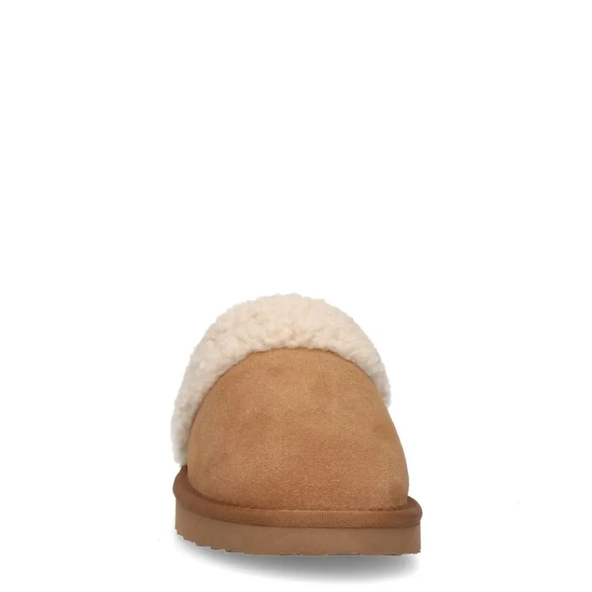Manfield Cognac suède pantoffels met imitatiewol^DAMES Pantoffels