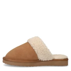 Manfield Cognac suède pantoffels met imitatiewol^DAMES Pantoffels