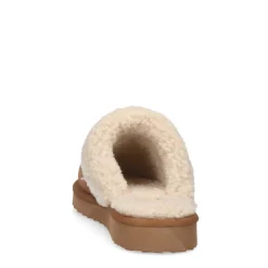 Manfield Cognac suède pantoffels met imitatiewol^DAMES Pantoffels