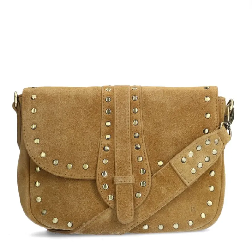 Manfield Cognac suède schoudertas met gouden studs^ Schoudertassen