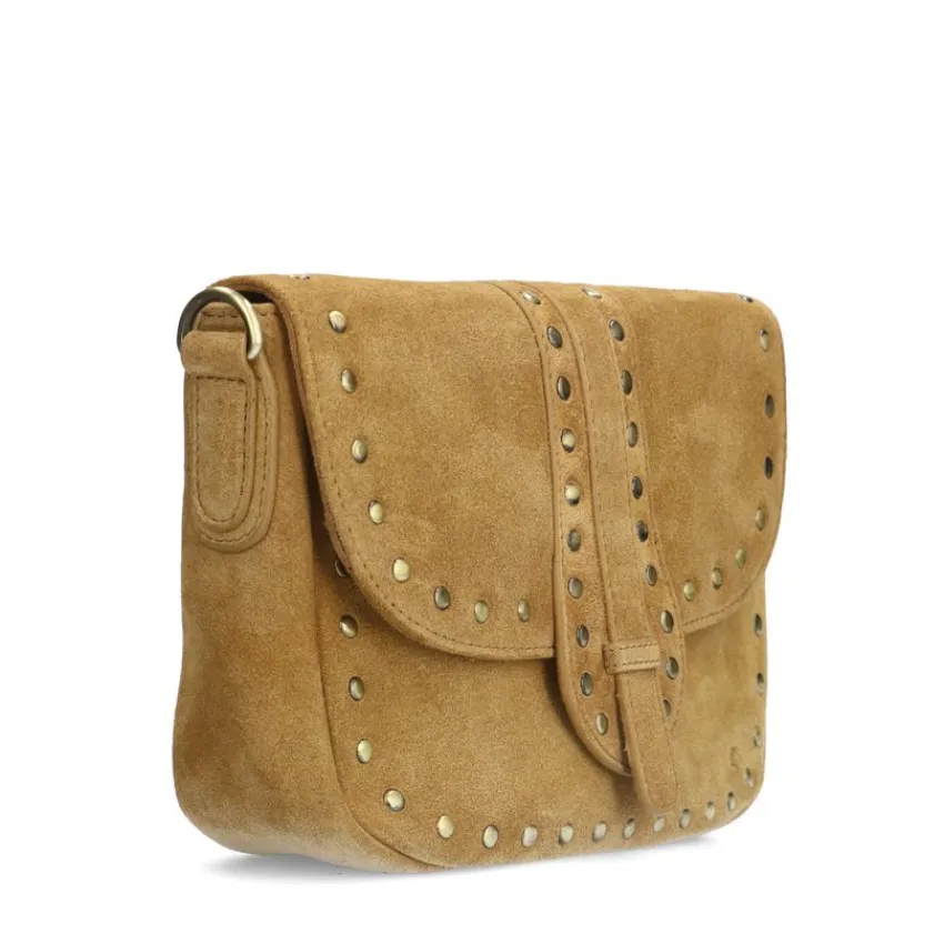 Manfield Cognac suède schoudertas met gouden studs^ Schoudertassen