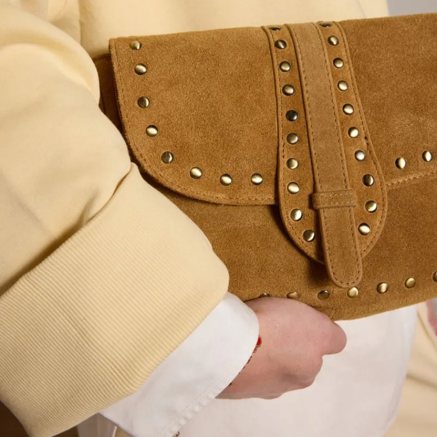 Manfield Cognac suède schoudertas met gouden studs^ Schoudertassen