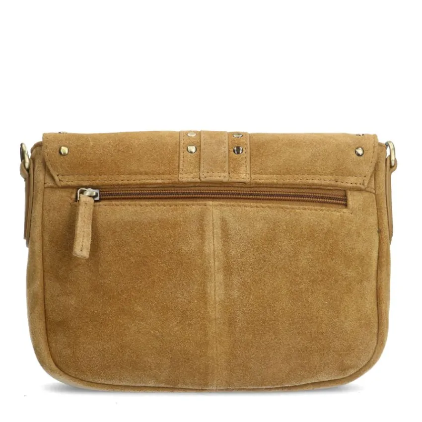 Manfield Cognac suède schoudertas met gouden studs^ Schoudertassen