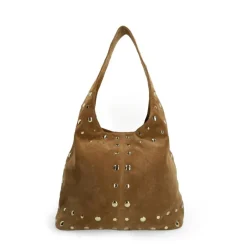 Manfield Cognac suède schoudertas met gouden studs^ Schoudertassen