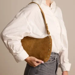 Manfield Cognac suède schoudertasje met gouden studs^ Schoudertassen