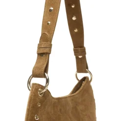 Manfield Cognac suède schoudertasje met gouden studs^ Schoudertassen