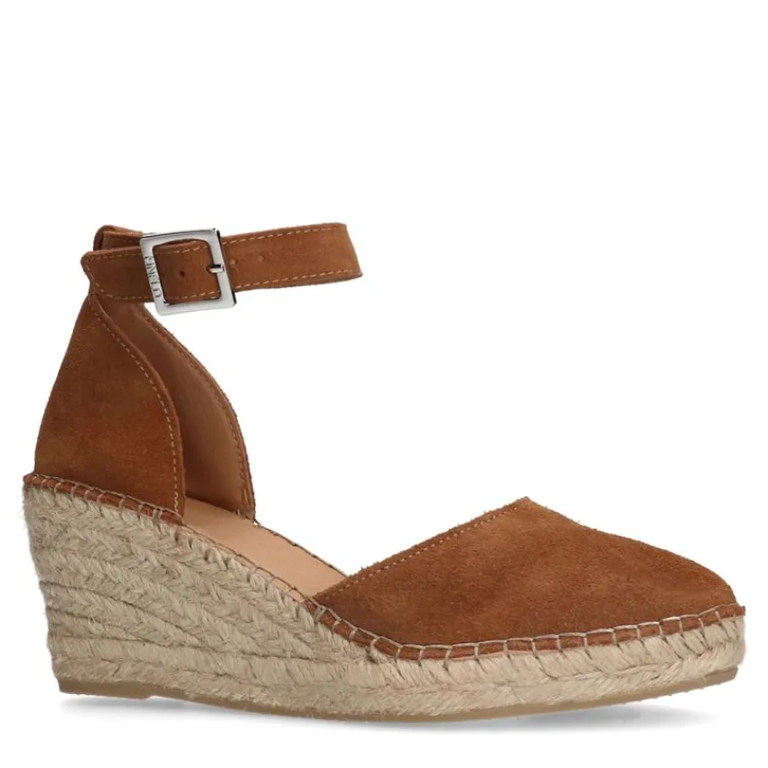 Manfield Cognac suède sleehakken^DAMES Espadrilles|Sandalen