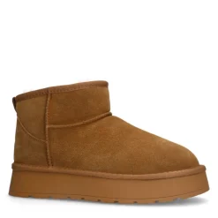 Manfield Cognac suède snowboots^DAMES Enkellaarsjes