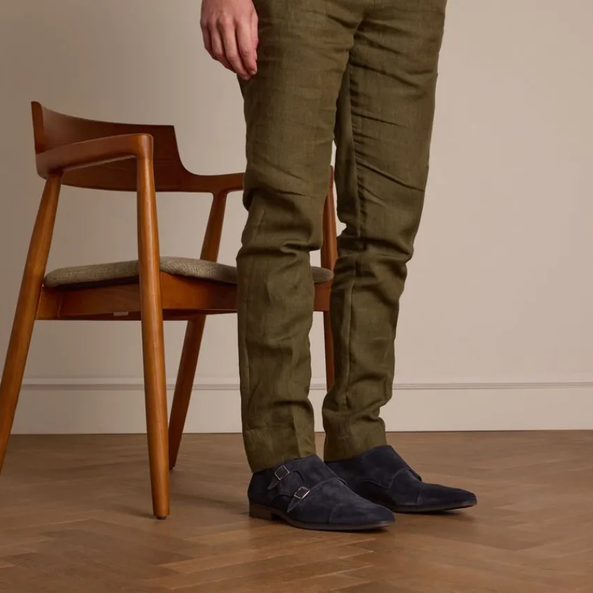 Manfield Donkerblauwe gespschoenen van suède^Heren Gespschoenen