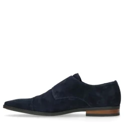 Manfield Donkerblauwe gespschoenen van suède^Heren Gespschoenen
