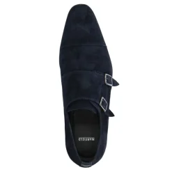 Manfield Donkerblauwe gespschoenen van suède^Heren Gespschoenen