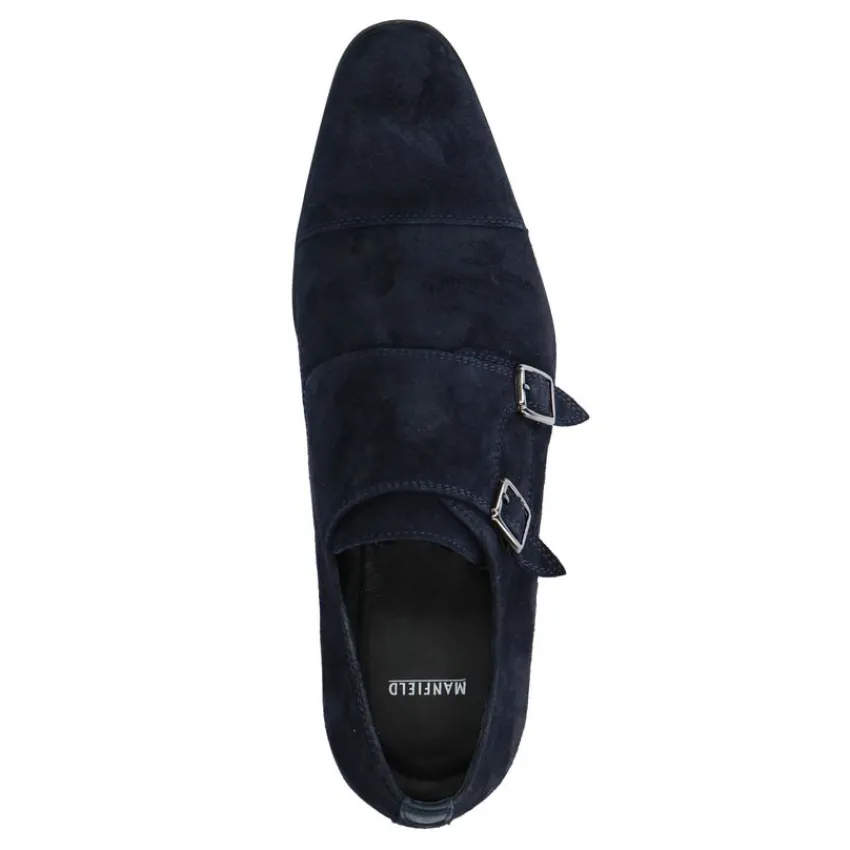 Manfield Donkerblauwe gespschoenen van suède^Heren Gespschoenen