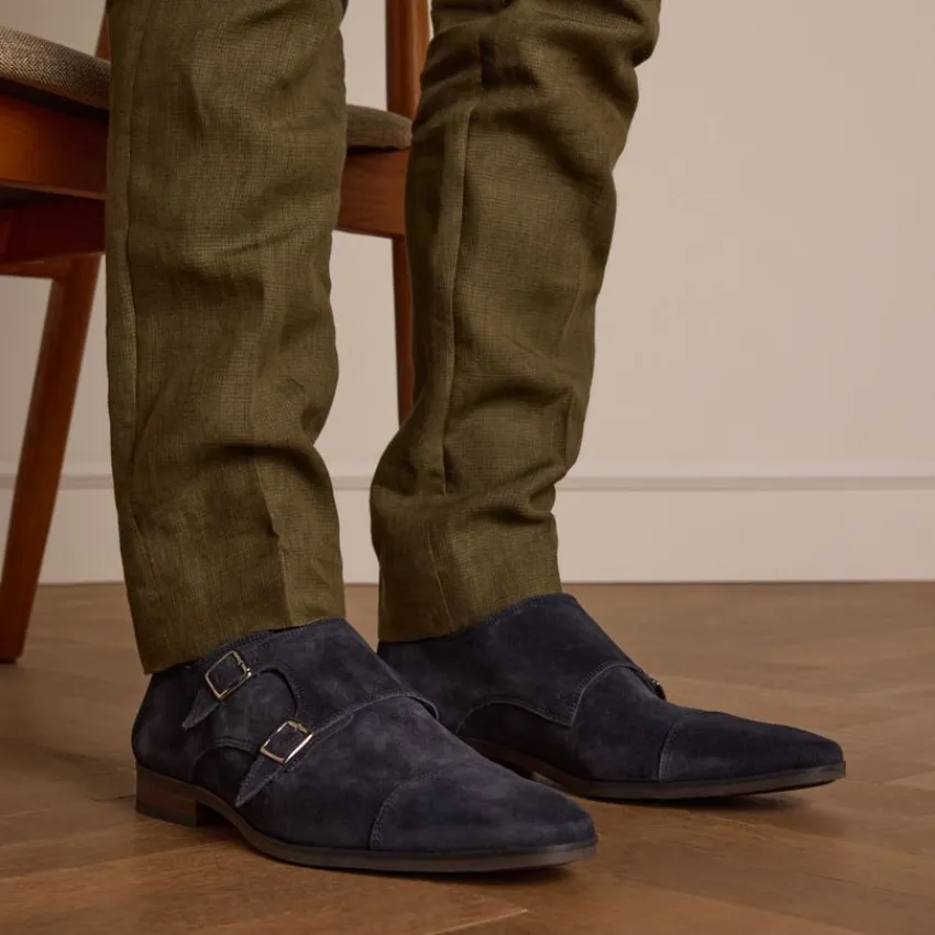 Manfield Donkerblauwe gespschoenen van suède^Heren Gespschoenen