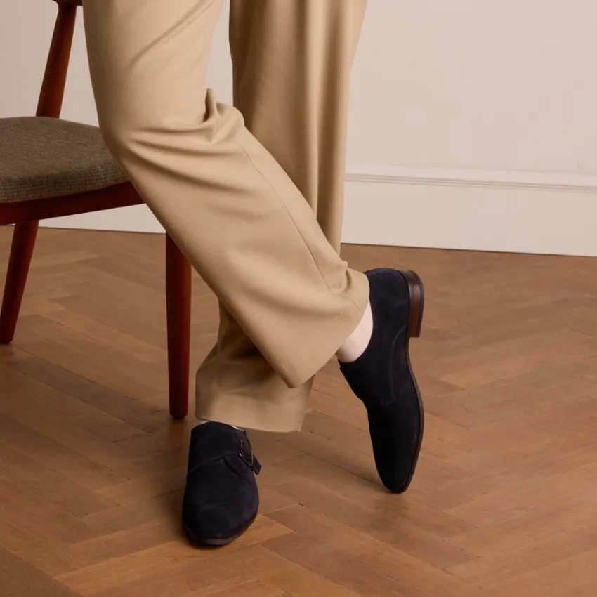 Manfield Donkerblauwe suède gespschoenen^Heren Gespschoenen