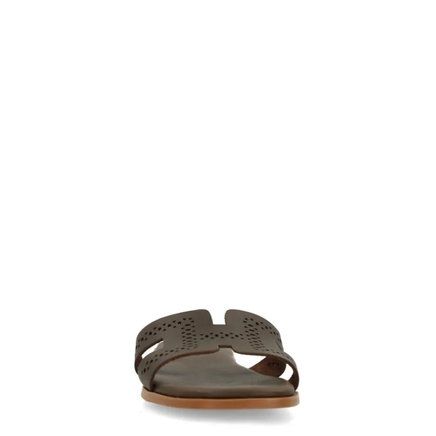 Manfield Donkerbruine leren slippers^DAMES Slippers